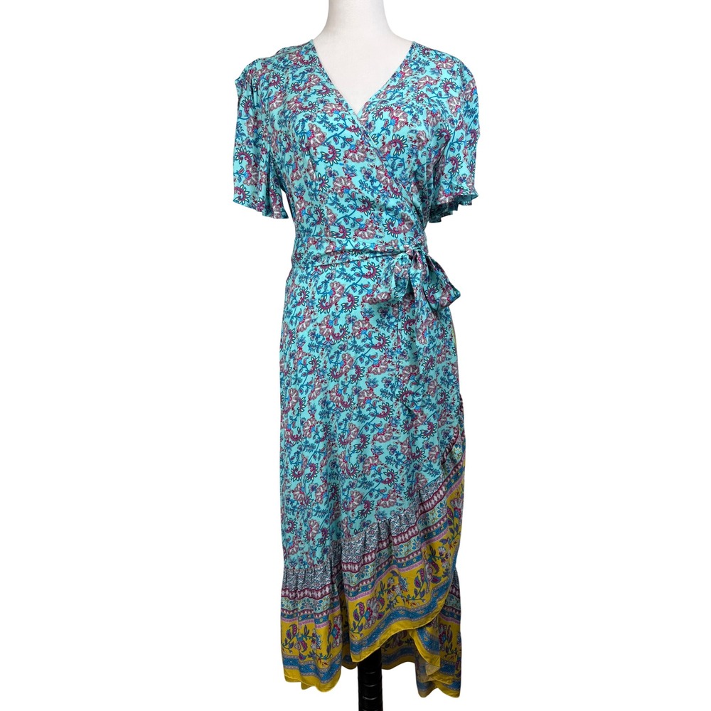 GLM Clothing Wrap Dress Women's M Turquoise Floral Boho Ruffle High Low Maxi